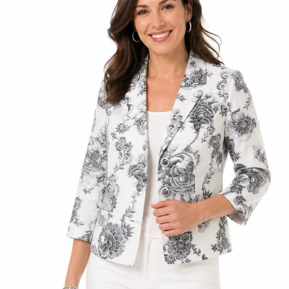 White House Black Market Floral Jacquard Blazer Size 14 3/4 Sleeve Jacket
